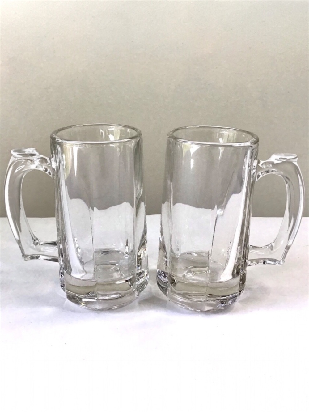 Vintage 80s Libbey Clear Glass Beer Steins Heavy 6-Panel Mugs Thumb Rest Handles